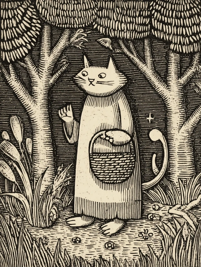 Medieval Engraving of a Cat in the Forest
