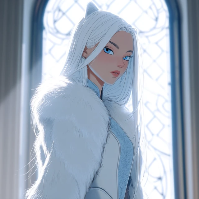 Fantasy Girl with White Hair Ice Blue Eyes