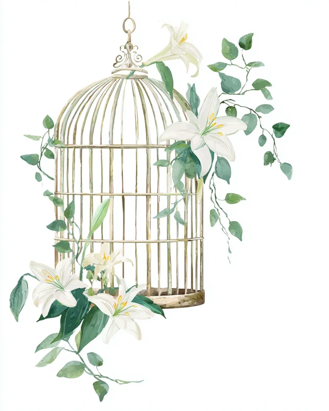 Watercolor Birdcage with Lilies and Greenery