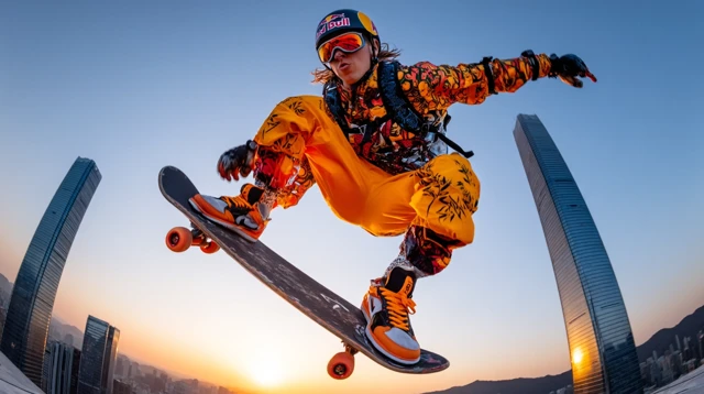 Urban Skateboarding Sunset Cityscape Extreme Action