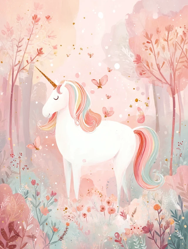 Cute Unicorn in a Dreamy Forest Watercolor