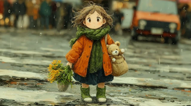 Cute Girl in Rain Anime Illustration