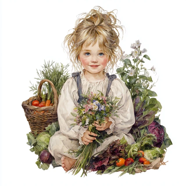 Charming Girl with Flowers and Vegetables Illustration