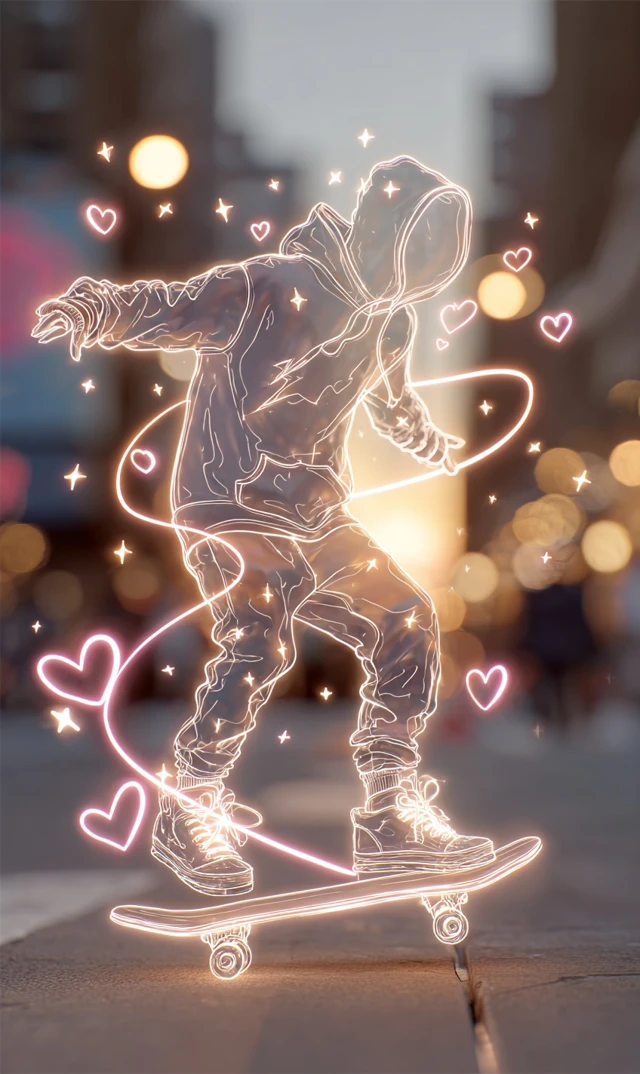 Neon Skateboarder in the City at Golden Hour