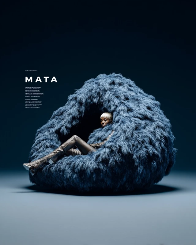 Afrofuturistic Fashion Model in Blue Fur Chair MATATA