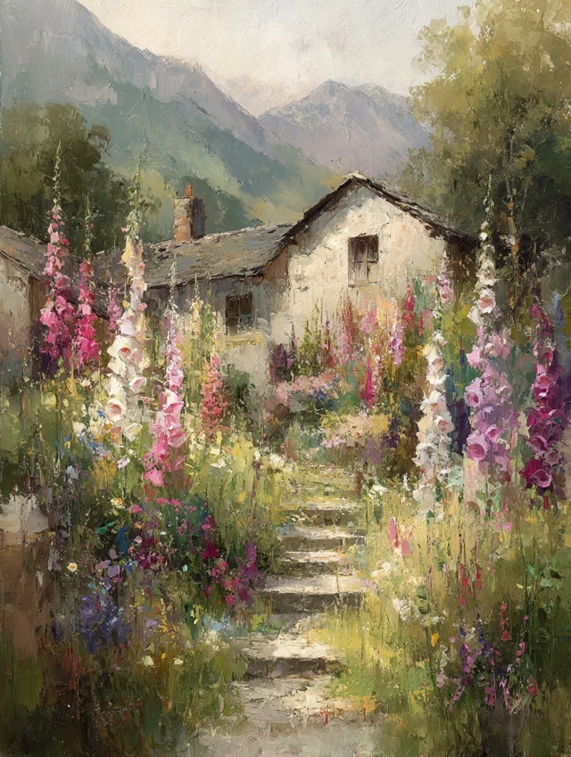 English Garden Painting: Stone Path, Cottage and Foxgloves