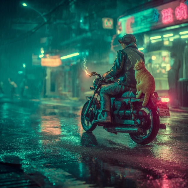 Cyberpunk Cats Riding Scooter in the Rain