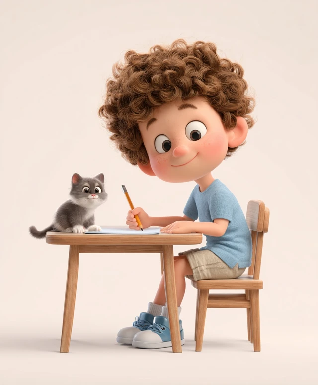 Cute Cartoon Boy with Kitten 3D Illustration