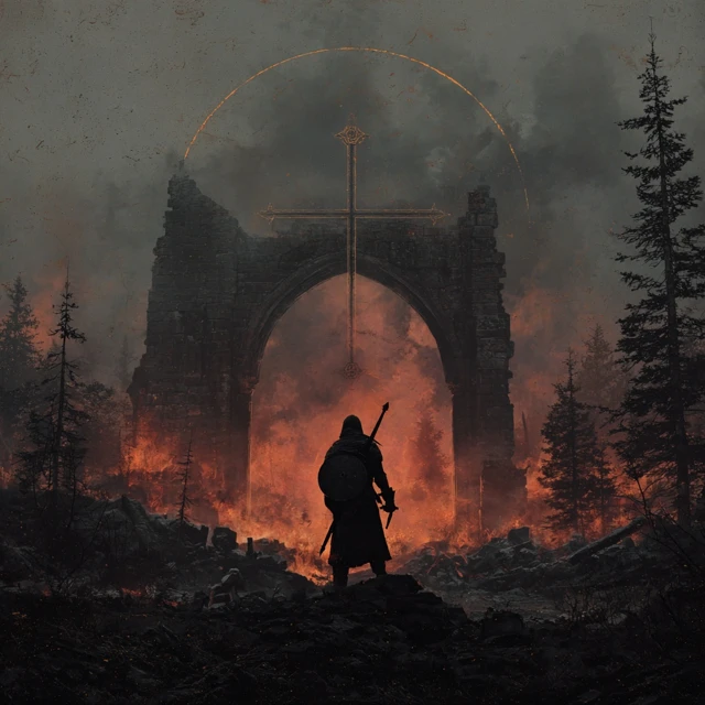 Metal Album Cover Battlefield Silhouette and Burning Cross