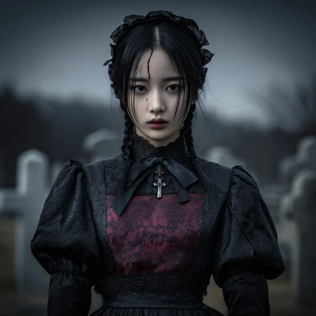 Korean Zombie Woman in Hanbok Cemetery Scene