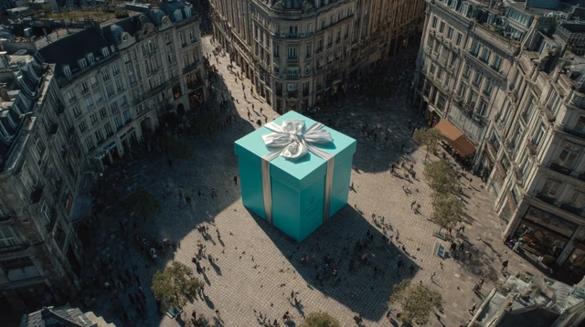 Giant Tiffany Co Gift in European Plaza Drone Shot