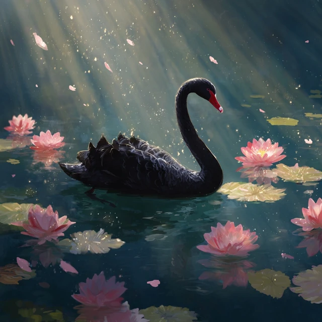 Black Swan on Water with Lotus Blossoms