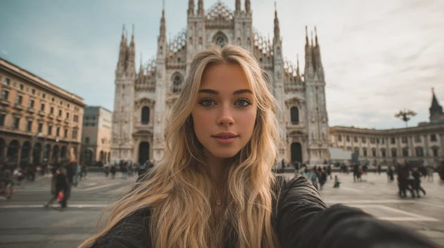Milan Cathedral Selfie: Woman in front of Duomo
