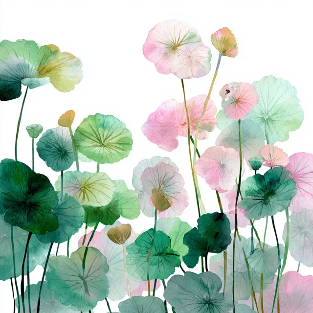 Watercolor Water Plants Light Green Pink