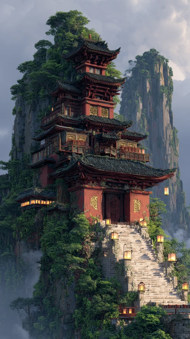 Chinese Daoist Temple on Misty Mountain Peak