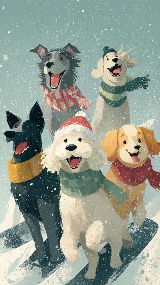 Dogs on Snowboards Christmas Illustration