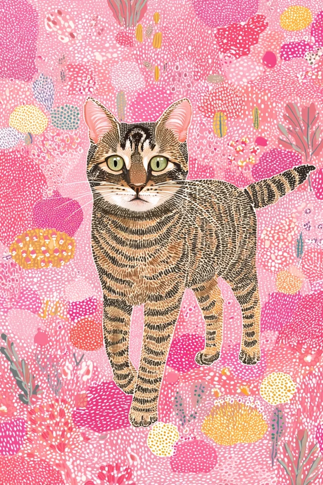 Happy Tabby Cat Folk Art Illustration