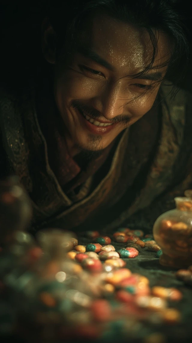 Ancient Chinese Man with Pills Smiling Late Night
