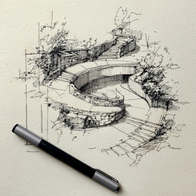 Curved Steps Garden Design Sketch
