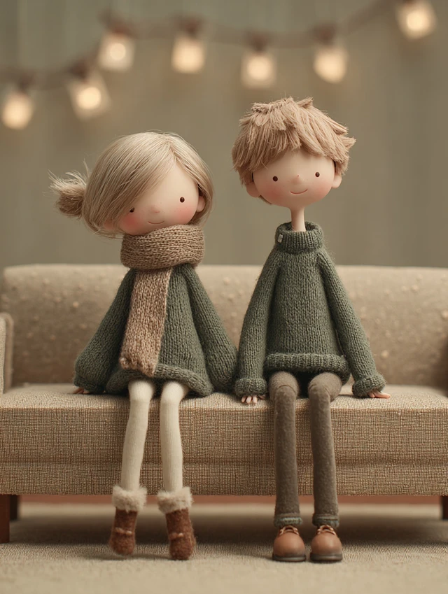 Cute Doll Couple on Sofa Cozy and Romantic