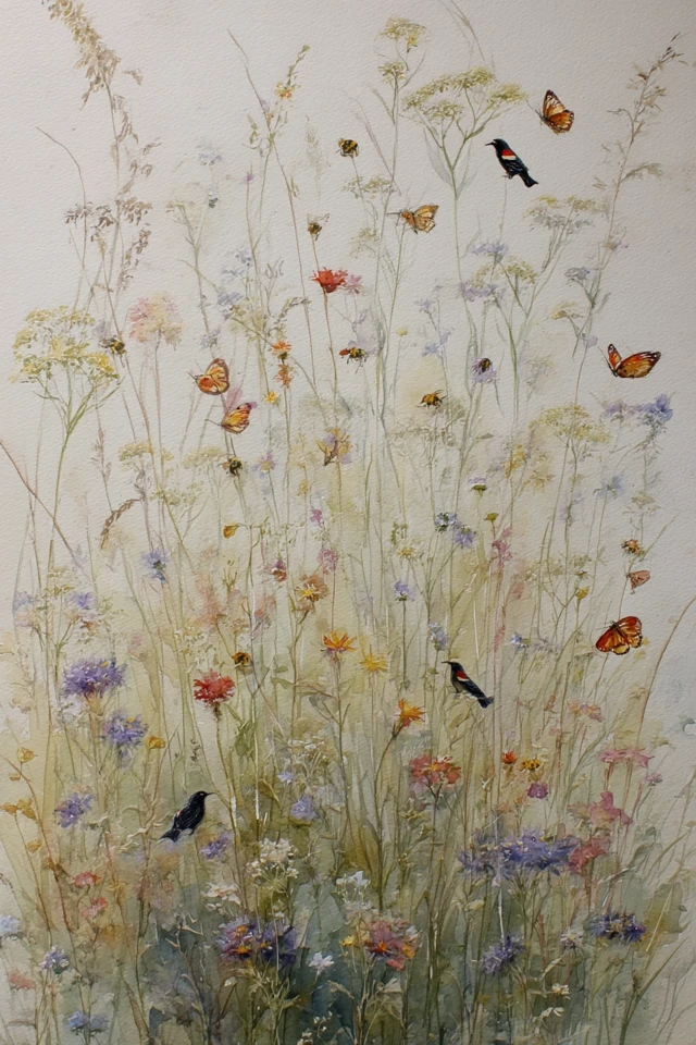 Watercolor Grassy Field with Wildflowers and Birds