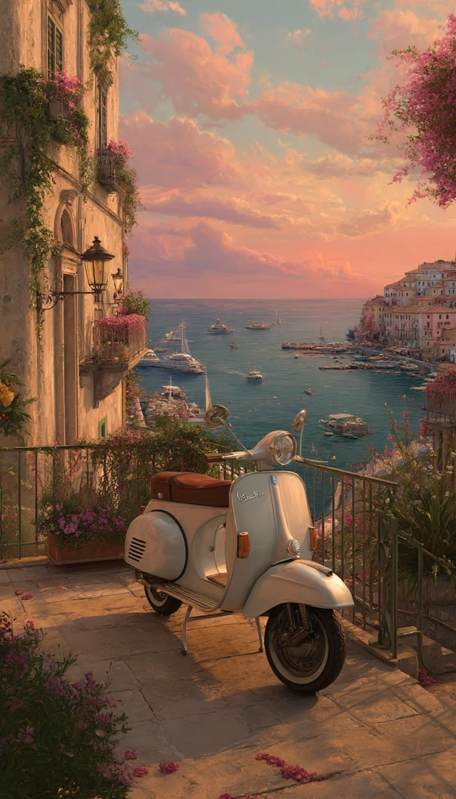 Italian Vespa Balcony Scene Sunset View Painting
