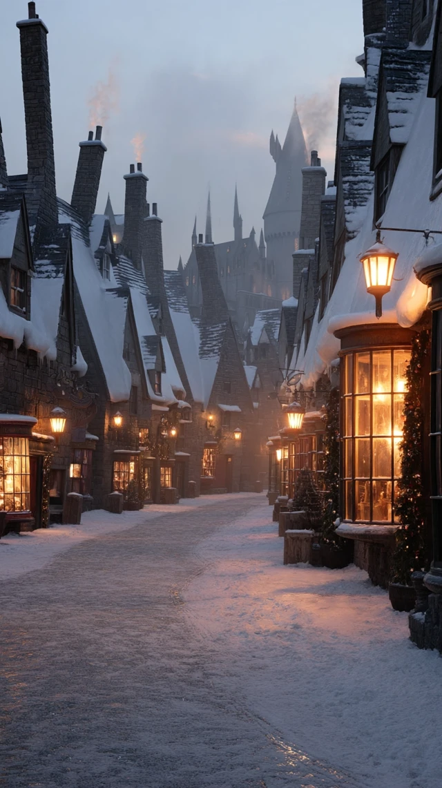 Hogsmeade Village in Winter Magical Scene