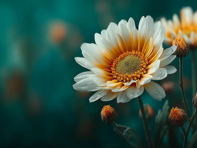 Orange and White Daisies on Green Background