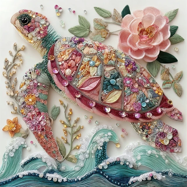 Embroidered Sea Turtle Floral Gemstone Art
