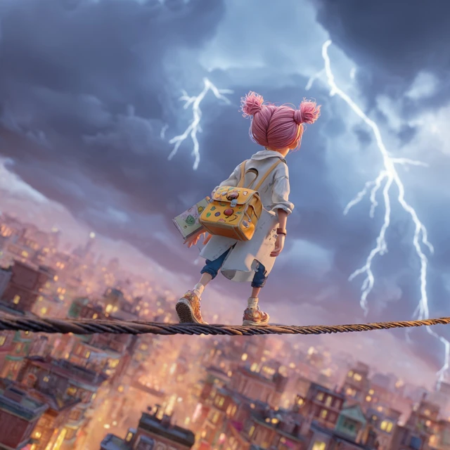 Cartoon Girl Tightrope Walking Over City