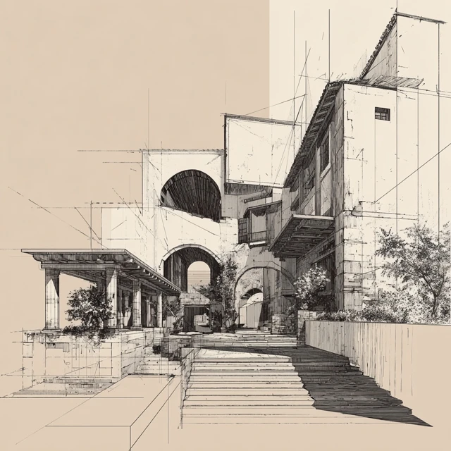 Architectural Perspective Drawing with Shadows and Textures