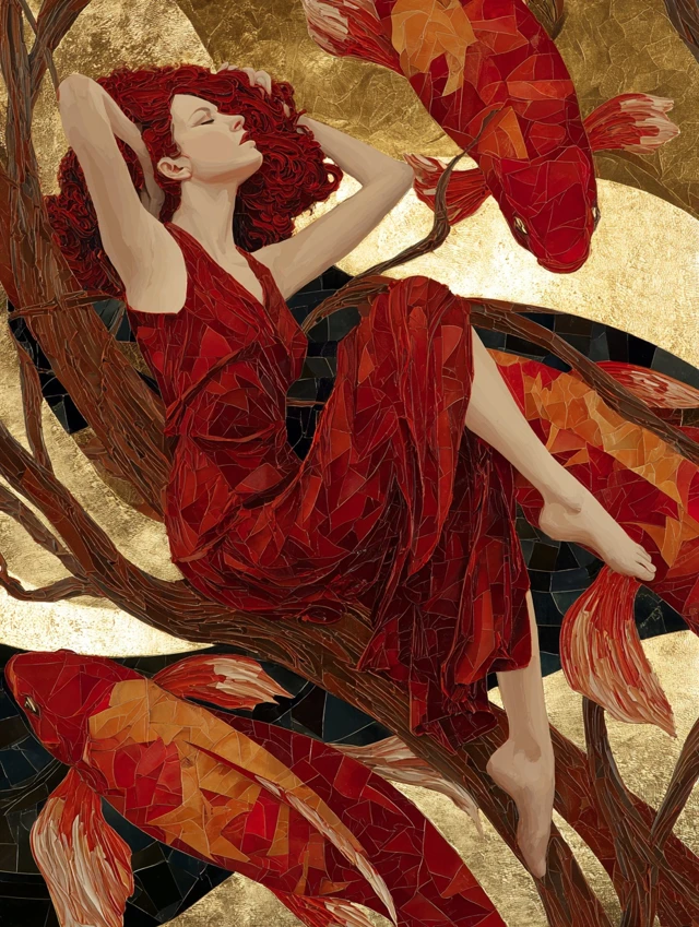 Art Deco Woman with Koi Fish Painting