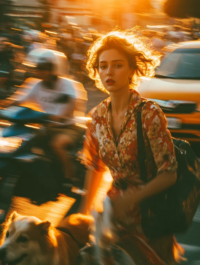 Woman in Motion Blur City Street Golden Hour Leica