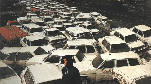 Post Apocalyptic Scene Man in Hood Crashed Cars