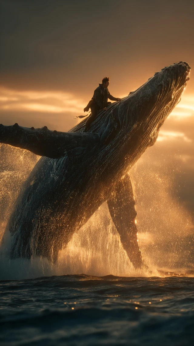 Whale Rider Man Leaping From Ocean Sunset
