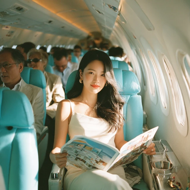 Asian Woman Reading on Airplane Travel Magazine