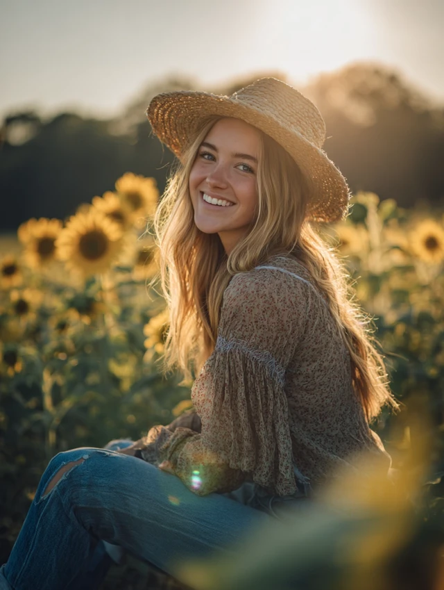 Blonde Woman Smiling in Sunflower Field Portrait
