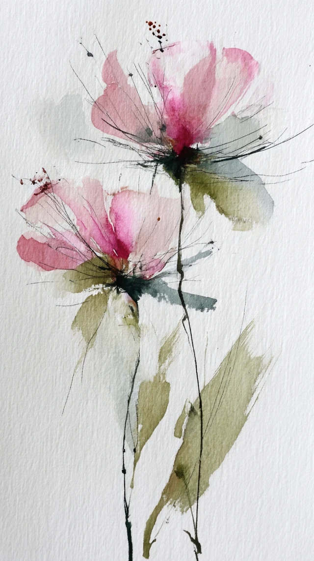 Watercolor Pink Flowers Painting Art