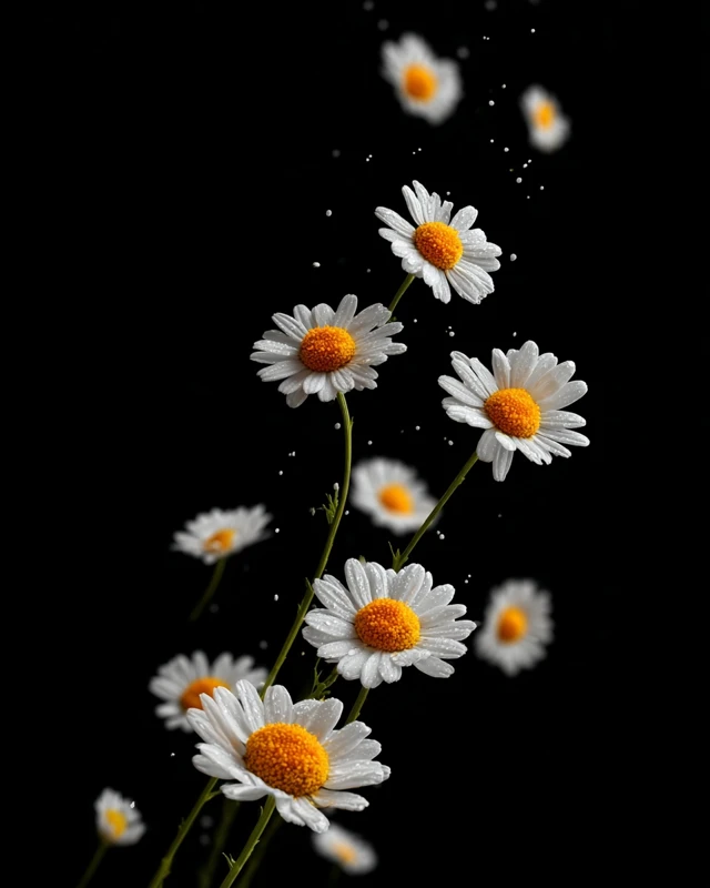Chamomile Flowers Floating on Black Background