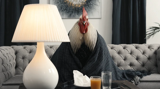 Sick Rooster Cozy at Home Photographic Style