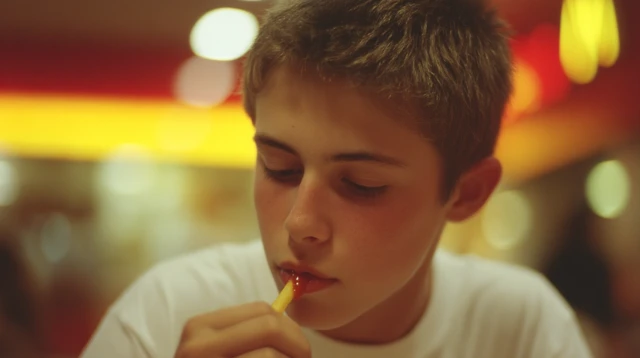 Teenager Enjoying French Fries in a Fast Food Restaurant