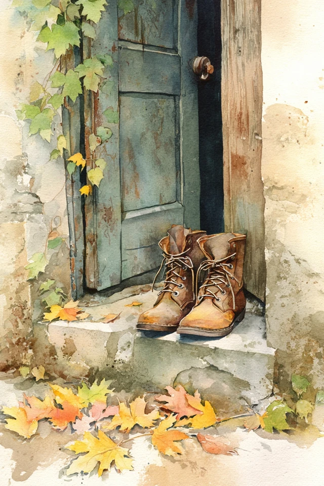 Vintage Boots and Autumn Leaves Watercolor Art
