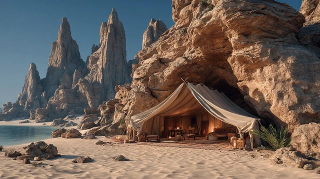 Saudi Desert Tent Scene Natural Rock Formations