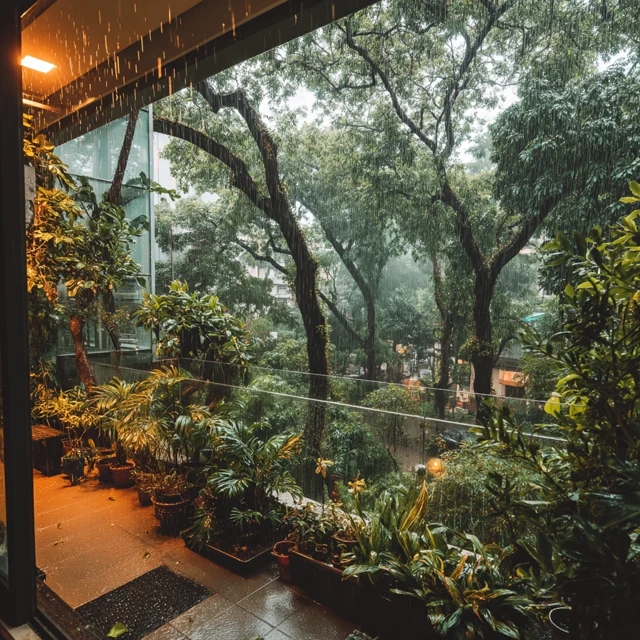 Rainy Balcony Serene Garden View Photography