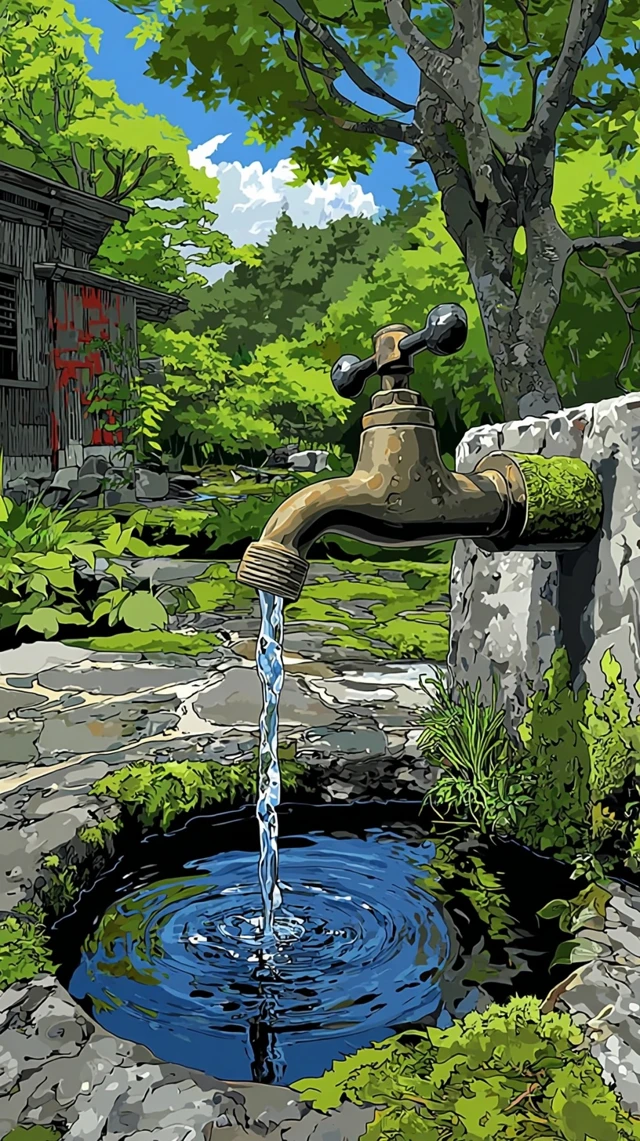 Anime Garden Scene Water Faucet Makoto Shinkai Style
