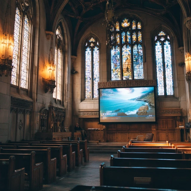 Church Interior with Modern Television