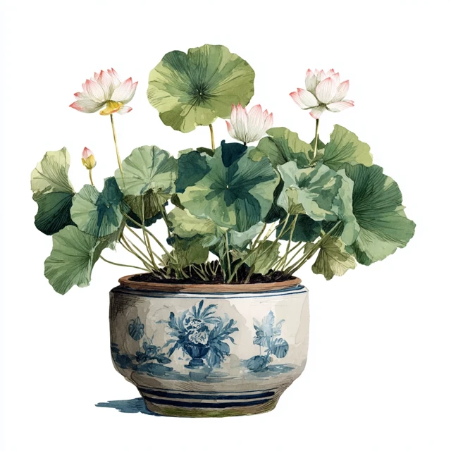 Watercolor Lotus Flowerpot Illustration