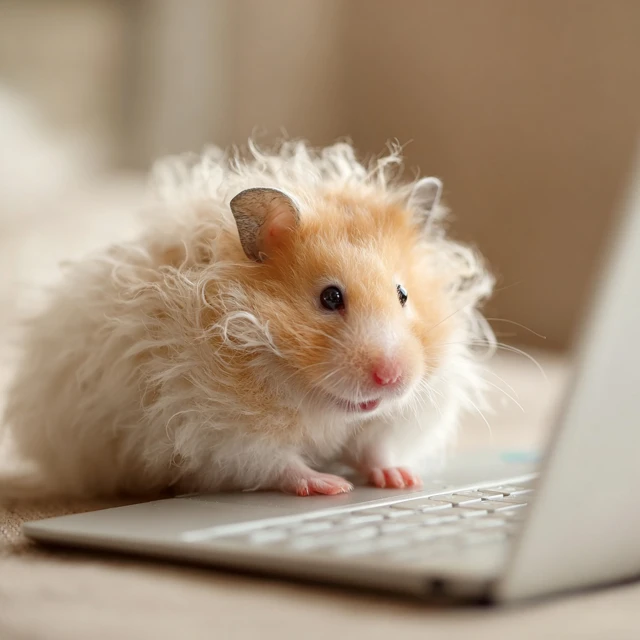 Hamster with Curly Hair Working on Laptop