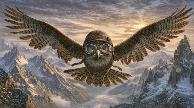 Eagle Pilot Soaring Above Mountains at Sunrise