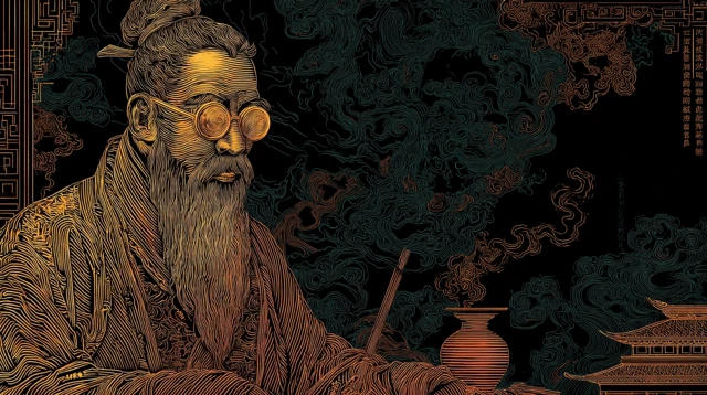 Chinese Daoist Scholar Art Golden Line Style